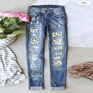Women's Ripped Christmas Lights Printed Denim Jeans Mid Waist Slim Straight Leg Patched Festive Casual Holiday Trousers