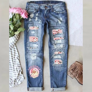 Women Christmas Santa Claus Print Ripped Denim Jeans Pink Patchwork Straight Leg Washed Distressed Fashion Trousers