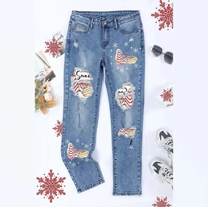 Jeans Droits à Taille Haute pour Femmes Pantalon en Denim Déchiré Avec Imprimé de Flocons de Neige et Gâteaux de Noël
