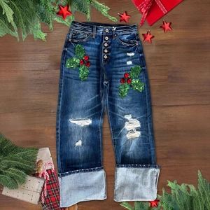 Dunkelblaue Jeans mit hoher Taille, Destroyed-Details und festlichen Pailletten-Patches