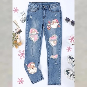 Jeans Déchirés Imprimé Père Noël de Noël pour Femmes Pantalon en Denim Jambe Droite Délavé Bleu Festif Pantalon Long Décontracté