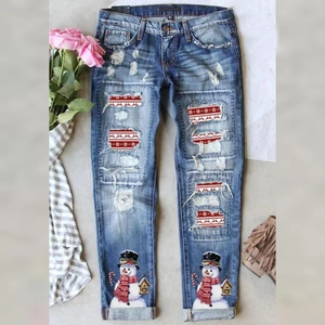 Jeans Femme Noël Imprimé Bonhomme de Neige Renne Déchiré Jambe Droite Coton Denim Décontracté Pantalon d'Hiver