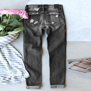 Men's dark grey slim fit washed denim jeans with distressed back pockets and cuffed hems