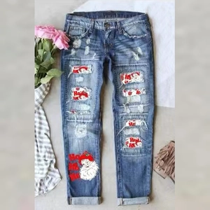 Jean en Denim Déchiré à Imprimé Père Noël pour Femmes Pantalon à Jambes Droites Distressed avec Imprimé Lettres Ho Ho Ho
