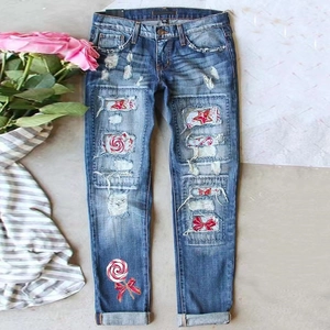 Women Christmas Distressed Ripped Jeans Cotton Straight Leg Denim Pants With Candy Cane Star Lollipop Print Holiday Party Blue