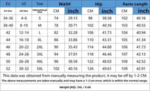 Detailed size chart for red plaid jeans showing waist, hip, and length measurements