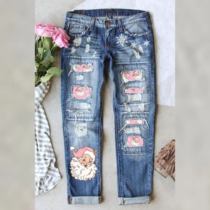 Jean Déchiré Bleu Rétro pour Femme Imprimé Père Noël Flocon de Neige Thème de Noël Pantalon en Denim Jambe Droite Streetwear