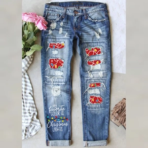 Jean Droit Déchiré pour Femmes avec Lumières de Noël Denim de Coton Patchwork Imprimé Lettres Taille Moyenne Lavé Pantalon de Mode Décontracté