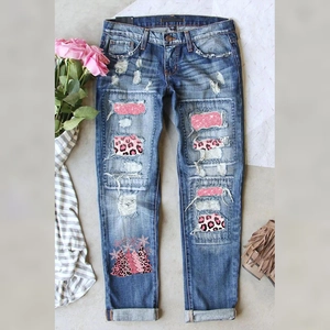 Women's Ripped Straight Leg Jeans Christmas Leopard Pink Sequin Patchwork Distressed Denim Pants Holiday Casual Trousers