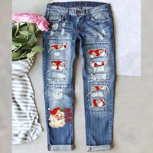 Jeans Femme Noël Père Noël Déchiré Jambe Droite Patchwork Pantalon Denim Décontracté Streetwear Pantalon Hiver