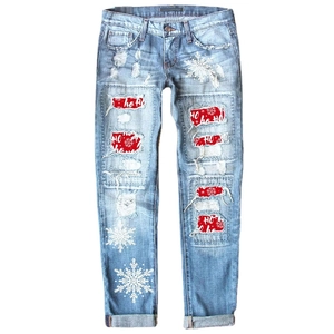 Winter light blue distressed jeans with festive red ho ho ho printed patches and snowflakes