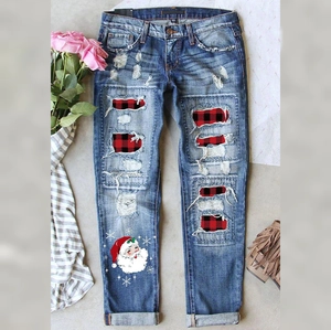 Women Christmas Santa Snowflake Print Ripped Straight Leg Jeans Red Plaid Patch Distressed Blue Denim Pants Casual Streetwear