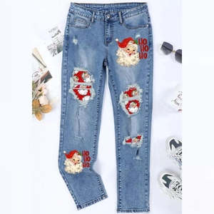 Women's Christmas Santa Claus Print Ripped Straight Leg Jeans Mid Waist Blue Denim Pants Distressed Holiday Fashion Trousers
