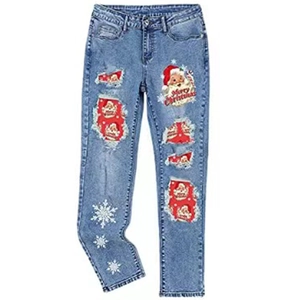 Jean Denim Coupe Droite Déchiré à Imprimé Noël pour Femme Motif Père Noël Flocon de Neige Merry Christmas Délavé Bleu Clair