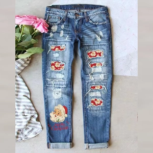 Jeans Déchirés de Noël pour Femmes en Coton Imprimé Père Noël Patchwork à Carreaux Pantalon en Denim Coupe Droite Tenue de Fête