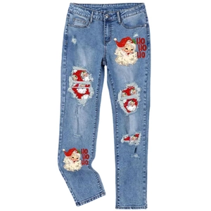 Women's light blue distressed jeans with Santa Claus print and HO HO HO slogan