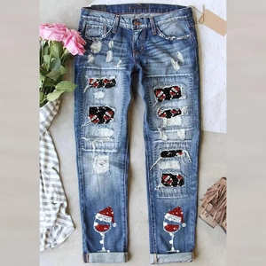Jeans Strappati Festivi da Donna Motivo Calice di Vino Denim Distressed Vita Media Gamba Dritta Pantaloni Natalizi Streetwear