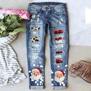 Women Christmas Ripped Jeans Santa Claus Print Plaid Leopard Patchwork Denim Pants Straight Leg Casual Festive Trousers