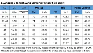 Size chart for women's distressed jeans with EU and US conversions for S to 4XL sizes