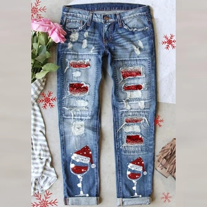 Jean Déchiré de Noël pour Femmes Imprimé Verre à Vin Délavé Taille Moyenne Jambe Droite Pantalon en Denim Décontracté Hiver