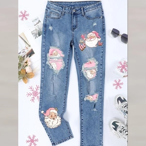 Pantaloni Jeans in Denim da Donna Natale Azzurro Strappato Gamba Dritta Rosa Babbo Natale Stampa Festivo Streetwear