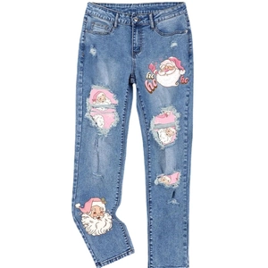 Jeans skinny blu da donna con strappi e stampe di Babbo Natale in stile natalizio