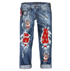 Women's Christmas ripped jeans with red reindeer plaid patches and snowflake print