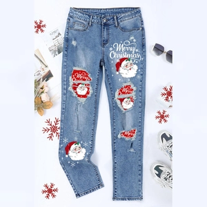 Jeans en Denim Déchiré Imprimé Père Noël de Noël pour Femmes Jambe Droite Taille Moyenne Bleu Coton Pantalon Long