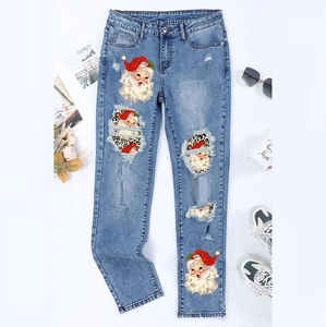 Women Christmas Santa Claus Leopard Print Ripped Denim Jeans Casual Straight Leg Light Blue Holiday Fashion Long Pants
