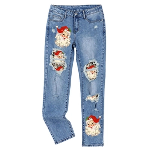 Mid-blue ripped jeans for women with Christmas Santa prints and leopard lining