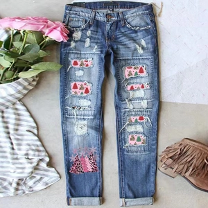 Jeans Déchirés Femme Imprimé Sapin de Noël et Léopard Pantalon Denim Bleu Délavé Coupe Droite Décontracté Vacances