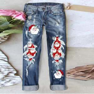 Women's Christmas Santa Claus Patch Ripped Denim Jeans Mid Waist Washed Straight Festive Ankle Length Ankle Pants