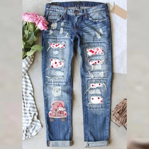Women High Waisted Distressed Straight Leg Jeans With Heart Patch And Love Truck Print Sweet Casual Denim Pants