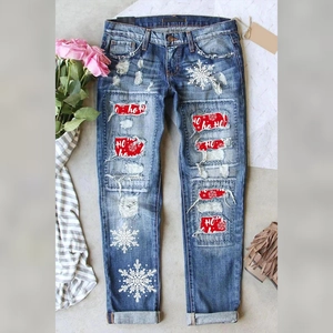 Women Christmas Ripped Distressed Jeans Dark Blue Washed Straight Leg Denim Pants With Snowflake Ho Ho Ho Holiday Print