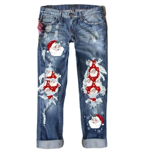 Distressed blue slim fit jeans with Santa Claus print and Christmas patterns