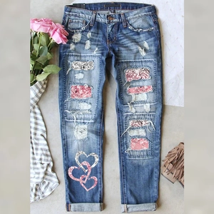 Women's Distressed Straight Leg Jeans Cotton Leopard Heart Print Patchwork Ripped Denim Pants Casual Streetwear For Women