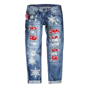Distressed Christmas straight leg jeans with festive red HO HO patches and snowflake print