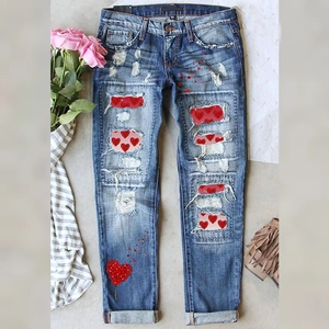 Jeans Déchirés avec Imprimé Cœur de la Saint-Valentin pour Femmes Pantalons en Denim à Jambe Droite Décontractés Bleu