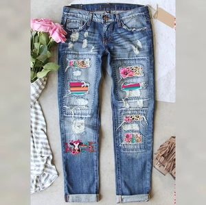 Jean Déchiré Femme Pantalon en Denim Effet Vieilli Avec Patchwork Imprimé Floral Léopard Love Vache Boho Streetwear Taille Moyenne Coupe Droite