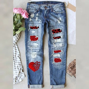 Jeans Déchirés Femme Imprimé Coeur Saint-Valentin Pantalon en Denim de Coton Bleu Usé Jambe Droite Streetwear Décontracté