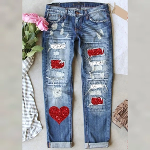 Women's Valentine's Day Heart Leopard Print Ripped Jeans Distressed Straight Leg Denim Pants Plus Size Mid Waist