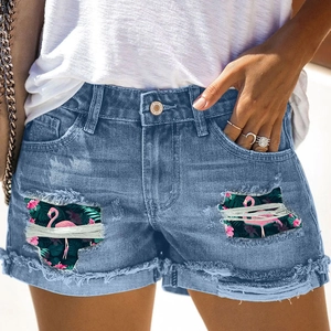 Short en Jean Déchiré pour Femme Taille Haute Usé Imprimé Floral Flamant Rose Ourlet Roulé Short en Jean Décontracté Été