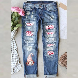 Women's Streetwear Blue Washed Ripped Jeans Valentine's Day Heart Print Distressed Straight Leg Denim Full Length Pants