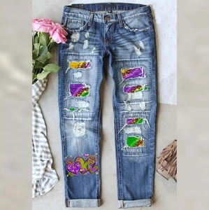 Jeans in Denim a Gamba Dritta a Vita Media da Donna Distressed Ripped Paillettes Cuore Arcobaleno Stampa Streetwear Pantaloni Blu