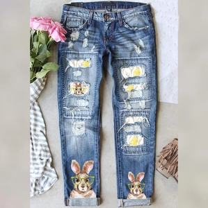 Women Fashion Straight Leg Jeans Blue Distressed Washed Denim Pants Cartoon Rabbit Print Cuffed Hem Casual Streetwear Trousers