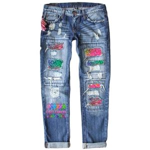 Mid-rise straight-leg distressed jeans with colorful sequin patches and cancer awareness print