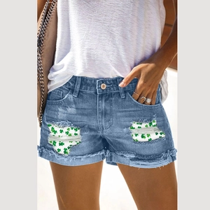 Short en Jean Femme Saint-Patrick Déchiré Usé Patch Trèfle Bleu Taille Moyenne Ourlet Brut Short Décontracté Streetwear
