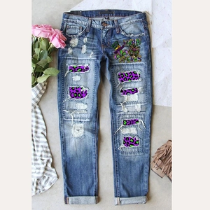 Jeans en Denim avec Imprimé Mardi Gras pour Femmes Pantalons à Jambes Droites Détériorés avec Patchwork Léopard Revers Roulés Mode