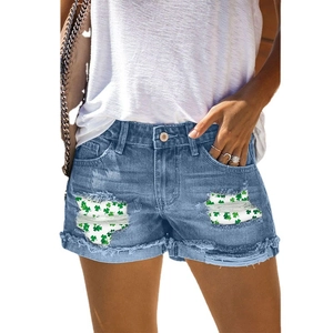 Short en jean taille haute Saint Patrick avec imprimé trèfle vert et détails déchirés