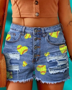 High waist light blue denim shorts with heart baseball print and distressed frayed hems